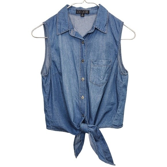 Love Culture Tie Front Button Down Blue Crop Top Womens S - Picture 1 of 10